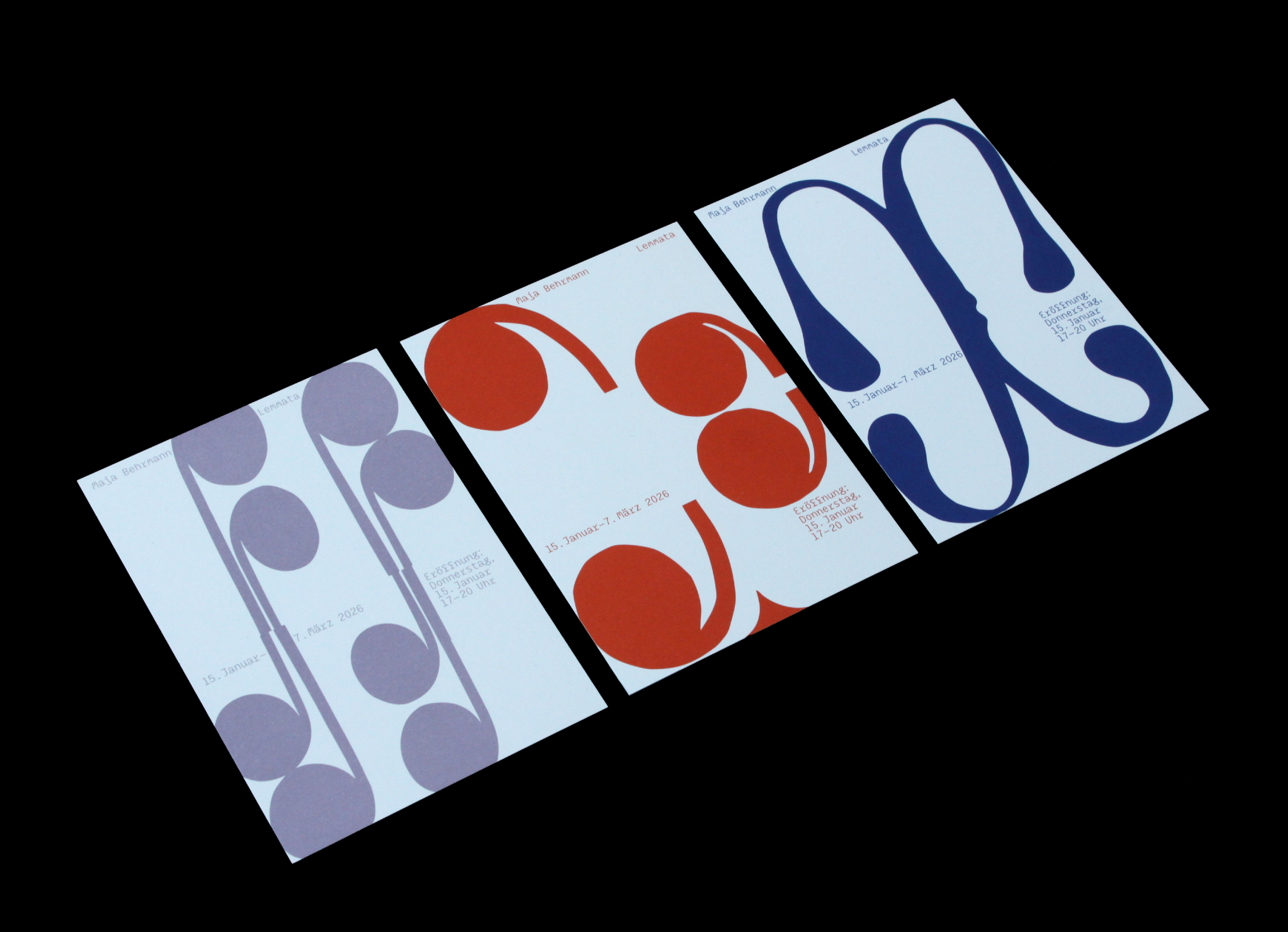 The photo shows three invitation cards lying next to each other. The left card is showing an abstract shape in lavender colour, the middle shows an abstract shape in orange, the right one shows an abstract shape in dark blue. Each has small typography on it.